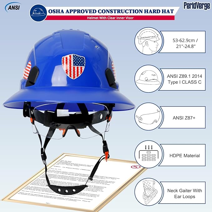 Full Brim Hard Hats Construction OSHA Approved with Visor-Vented Hard Hat with Neck Gaiter with Ear Loops,Safety Hard Hats for Men with Chin Strap ANSI Z89.1 Type 1 Class C,6-pt Suspension