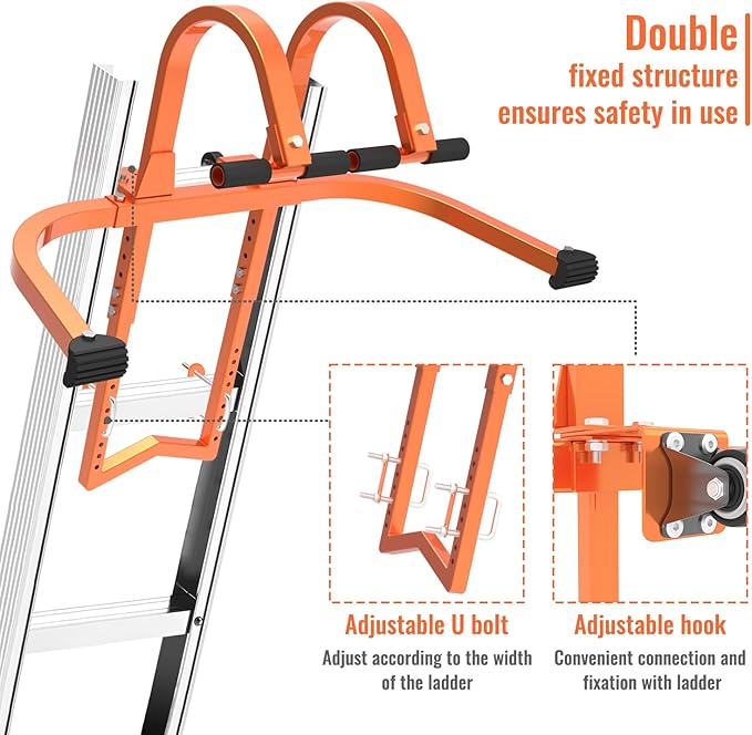 2 in 1 Ladder Stabilizer & Ladder Hook for Roof Ridge, Heavy Duty Ladder Roof Hooks with Rubber Grip T-Bar, Secure and Stable Ladder Standoff Arms for Roof Gutter with Anti-Slip Rubber Feet