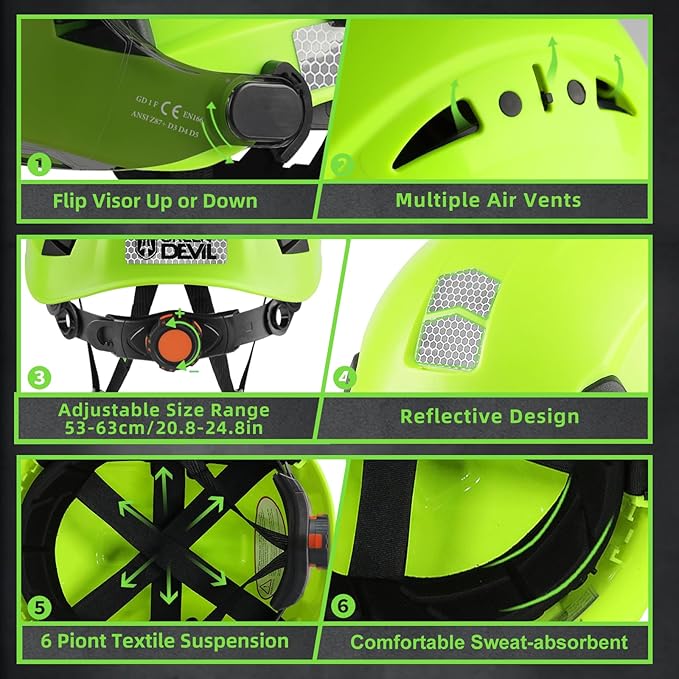 GREEN DEVIL Hard Hat Safety Helmet with Rechargeable Headlamp Light and Visor Ear Muffs Vented Work Hardhat ANSI Z89.1 Cascos De Construccion for Industrial Construction Forestry