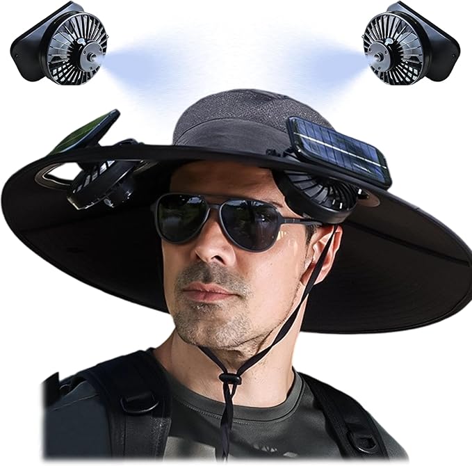 Solar Fan Hat with Mist, Mens Wide Brim Solar Power Fans Hat with Built in Fan, USB Solar Charging for Outdoor Fishing