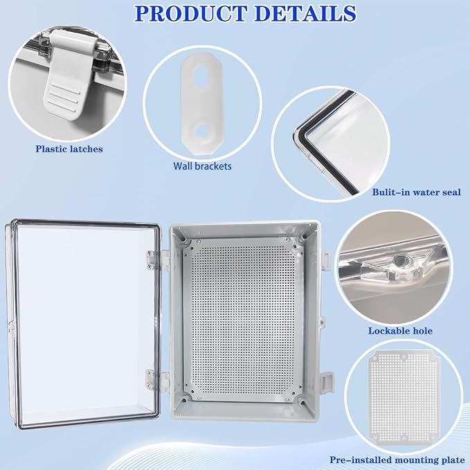Waterproof Outdoor Electrical Box Junction Box Weatherproof IP67 ABS Plastic Enclosure Switch Router Project Box with Mounting Plate with Wall Bracket 2 Cable Glands Clear 15.74" x 11.81" x 6.7"