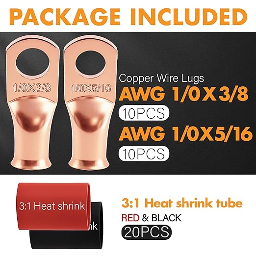 Jeemiter 20pcs 1/0 AWG Battery Lugs 3/8"(M10) & 5/16"(M8) Heavy Duty Copper Terminals with 20pcs 3:1 Heat Shrink Tubing - 0 Gauge Wire Connectors & Cable Ends in Dual-Neck Bottle for Auto Marine Solar