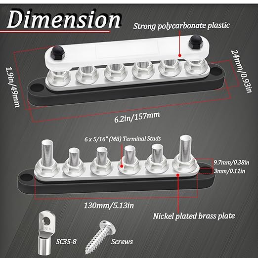 250A Bus Bar 12V Marine 6 x 5/16" (M8) Terminal Studs 12V-48V Power Distribution Block with Cover,with 6PCS Battery Lugs and 6PCS Heat Shrink Tubing Busbar for Boat Automotive Car