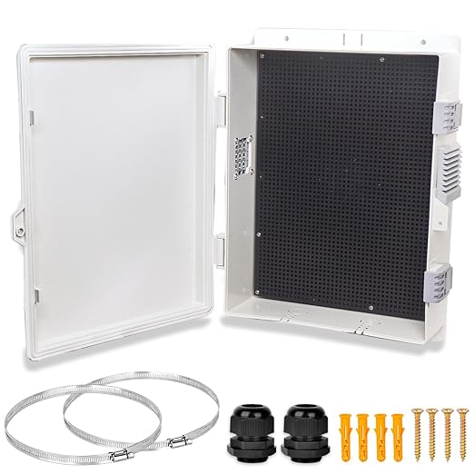 Electrical Junction Box, Outdoor Water Resistant Nema Enclosure, Ventilated ABS Plastic WiFi Project Box with Internal Mounting Panel & Hinged Cover 13" L x 9" H x 3.7" W