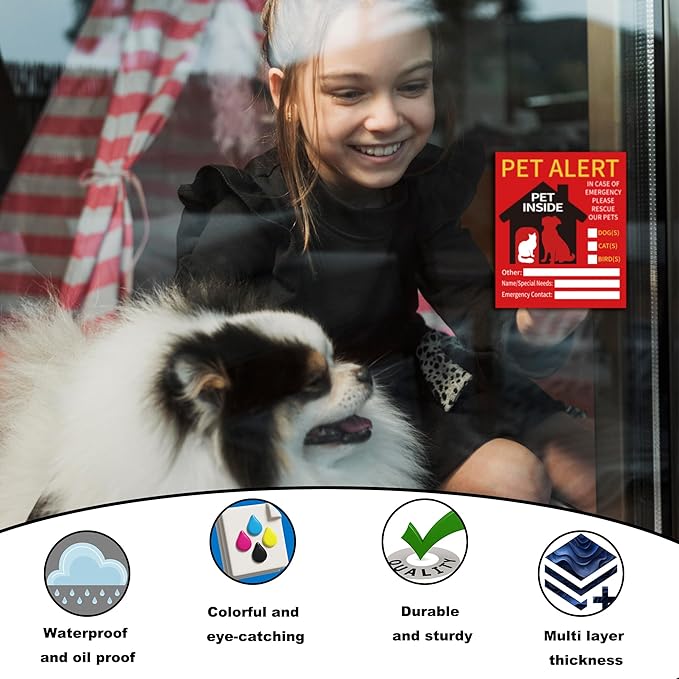 2 PCS Pet Alert Sticker for House，UV Resistant Self Adhesive Vinyl in Case of Fire Pet Stickers Waterproof Fade-Resistant Pets Inside Window Emergency Sticker