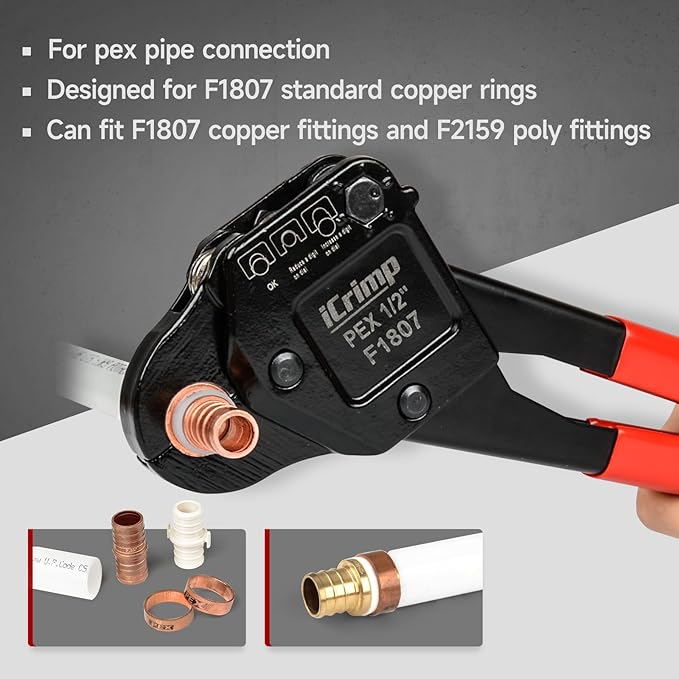 iCrimp Angle Head F1807 PEX Pipe Crimping Tool for Copper Rings - 1/2-inch Angle Single Crimper, Suitable for Tight Spaces