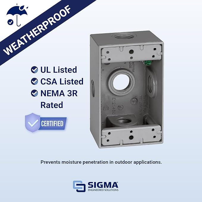 SIGMA ENGINEERED SOLUTIONS 14251-5X Metal Electrical Outlet Box, Weatherproof, Easy Mount Plug and Receptacle Protector, Gray, (5) 1/2-Inch Holes, 1 Gang Box with Side Entry