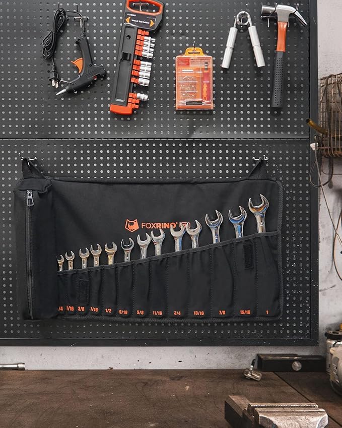 Wrench Roll, Wrench Roll Up Pouch, 13-Pocket Heavy Duty Canvas Wrench Organizer Bag for SAE Combination Wrenches, Portable Tool Roll Bag, Gifts for Men for Christmas(Black, 13+1 SAE)