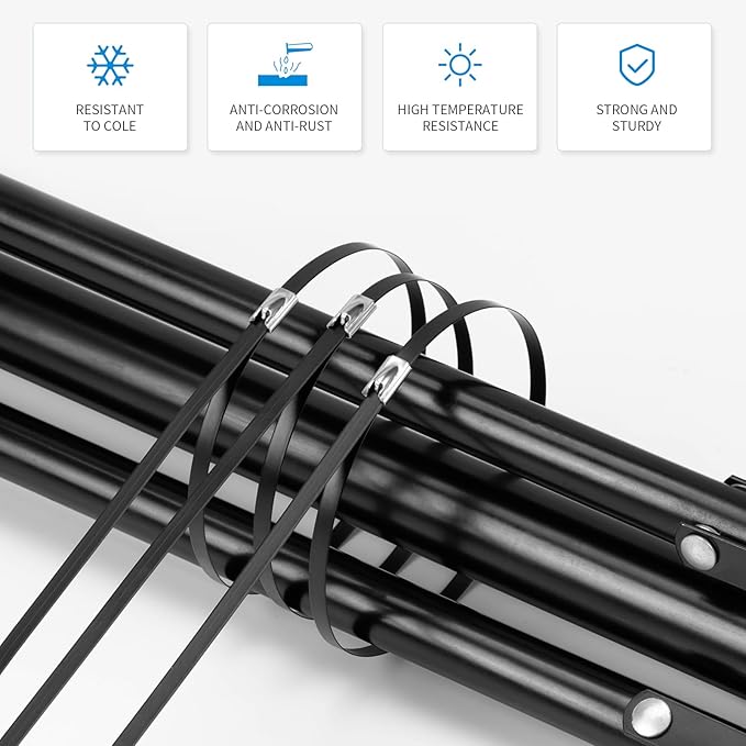 Metal Zip Ties Black 24 inch 290LB 50pcs Heavy Duty 304 Stainless Steel Epoxy Coated Locking Cable Exhaust Wrap Multi Purpose Binding for machinery, vehicles, farms, cables, pipes,Fence