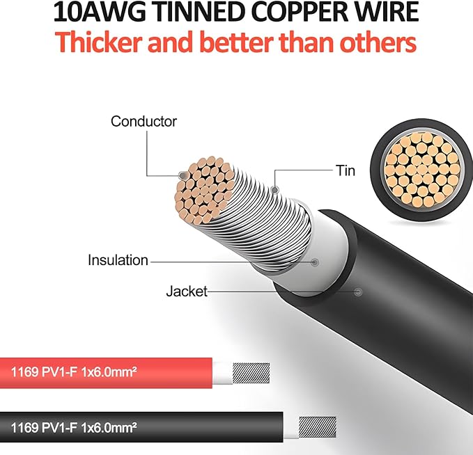 20 FT 10AWG Solar Extension Cable with Female and Male Connector with Extra Free Pair of Solar Y Connector Adaptor Kit for Home, Ship and RV Solar Panels (20FT Red + 20FT Black)