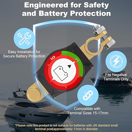 Heavy-Duty Top Post Battery Disconnect Switch, 12-48V Negative On/Off Kill Switch for Cars, RVs, Boats, and Solar Panels - Universal Fit with .67in & .83in Terminal Blocks