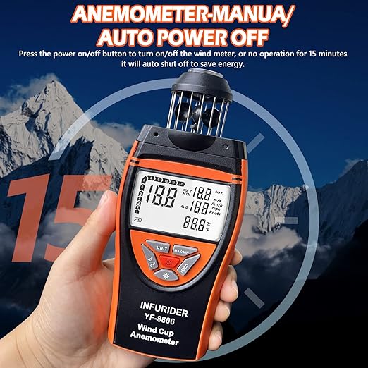 Handheld Wind Cup Anemometer,INFURIDER YF-8806 Digital Wind Speed Gauge Meter Shows Wind Temperature,Max/Min/Avg Air Volume,Wind Velocity/Direction w/Compass for HVAC Weather Monitoring