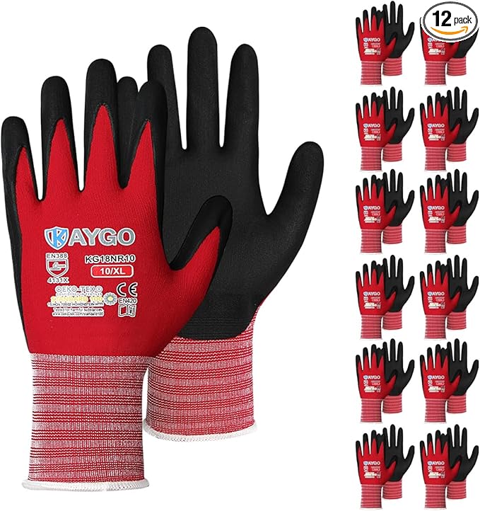 KAYGO Safety Work Gloves MicroFoam Nitrile Coated, 12 Pairs KG18NB,Seamless Knit Nylon Glove for Men and Women, Ideal for Automotive,Warehouse,Construction (XL,Red)