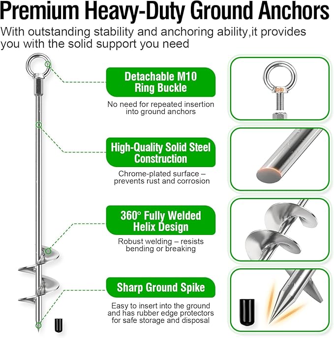6 Pcs 30" Ground Anchors Heavy Duty with 50ft 1/4" Stainless Steel Cable & 3Pcs Turnbuckle, Fully Welded Ground Anchors Screw in Auger Earth Anchors for Sheds, Mobile Home, Tent, Swing Set