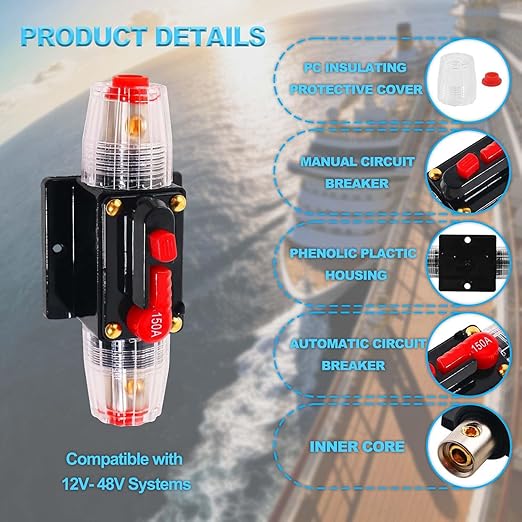 150 Amp Circuit Breaker 12V DC, 2-Pack Resettable Inline Fuse Holder Replacement with Manual Reset for Car Audio Amplifier, Marine Boat Trolling Motor, Auto Sound System Protection 150A Breaker