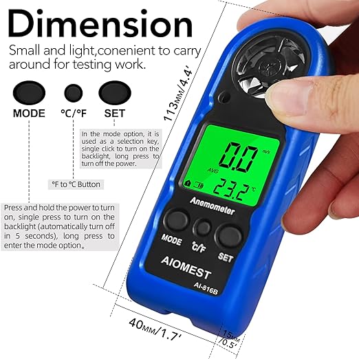AIOMEST Digital Anemometer, Mini Wind Speed Meter Air Flow Gauge Measuring Wind Velocity Temperature, Handheld Velometer AI-816B with Max/AVG/Current Wind Chill for HVAC Shooting Sailing