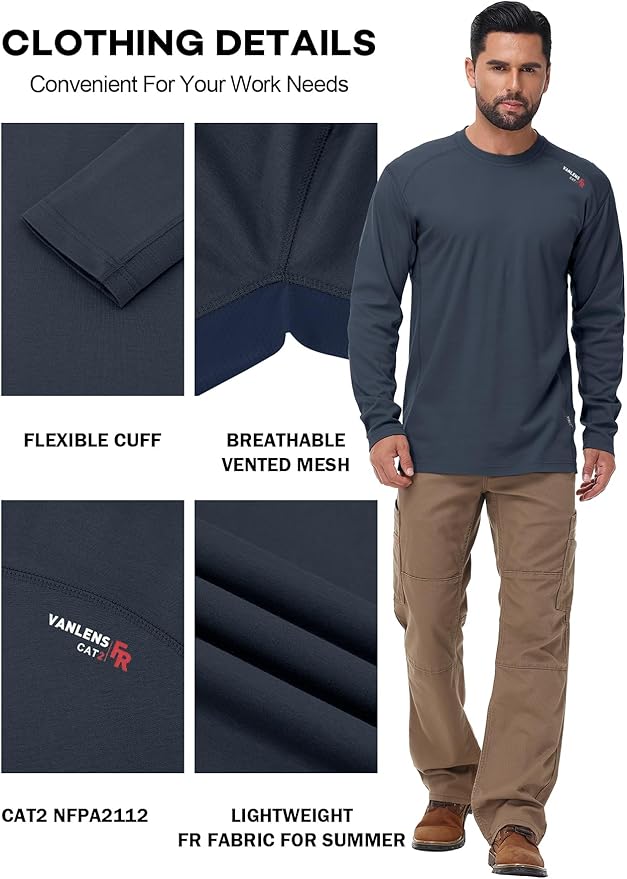FR Shirts for Summer 5.5OZ Lightweight Breathable Vented Mesh Flame Resistant Long Sleeve Crew T-Shirt CAT2