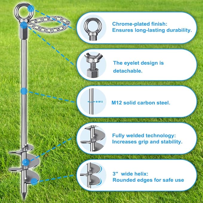 30'' Ground Anchors Screw in with Chain, Heavy Duty Trampoline Stakes, 2pcs Trampoline Anchors, Mobile Home Anchors for Camping Tents, Carports, Sheds, Swing Sets