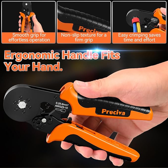 Preciva Ferrule Crimping Tool Kit, Hexagonal Ferrule Crimper AWG23-10/0.25-6mm² with 19 Sizes Wire Connectors, Self-Adjustable Ratchet Wire Crimping Pliers