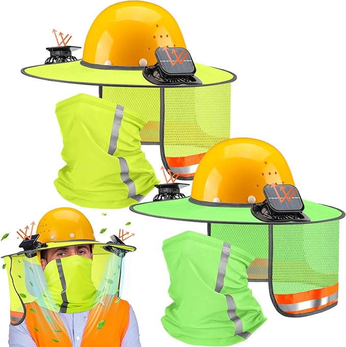 2 Sets Sun Hard Hat Shade Neck Protection with Solar Fans, Full Brim High Visibility Sun Visor Mesh Bandana Scarf for Hard Hat Accessories, Reflective(Fluorescent Yellow, Fluorescent Green)