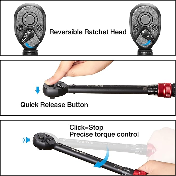 Toolwiz 3/8-Inch Drive Click Torque Wrench 5-45 Ft-Lb/6.8-61 Nm, ±3% High Accuracy Dual Direction Adjustable 72 Tooth Torque Wrenches Tool for Bike, Motorcycle, MTB, Car Repair