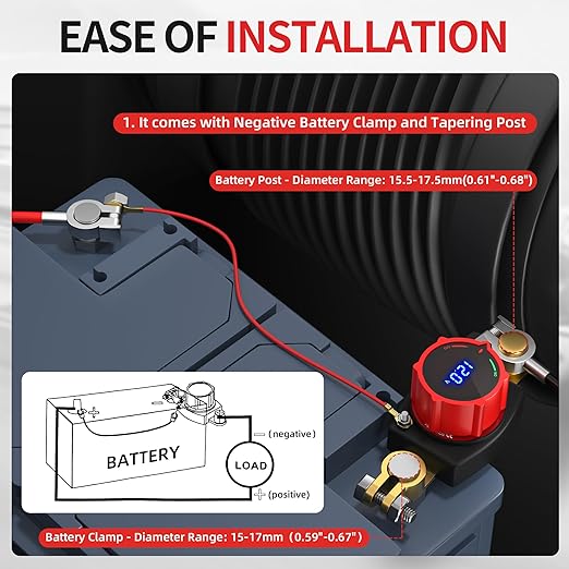 Joinfworld Top Post Battery Disconnect Switch 12V-48V with Led Voltmeter, DC 5-60V Battery Kill Switch Negative On/Off Battery Cut Off Switch for Marine, Cars, Vehicles, RVs and Boats