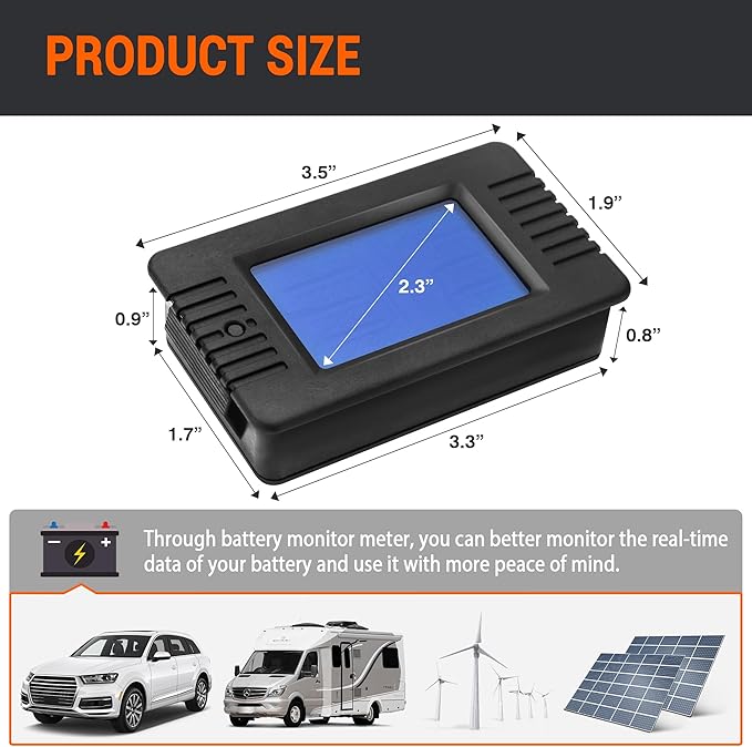 DC Multifunction Battery Monitor Meter, 0-200V 0-100A LCD Display Digital Current Multimeter Voltmeter Ammeter for Cars Rv Solar System