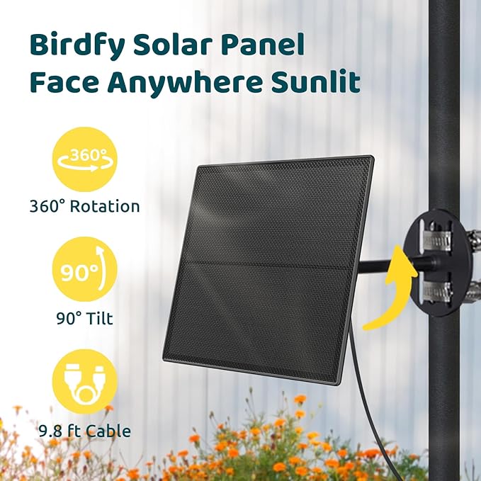 Birdfy 8W Solar Panel for Smart Bird Feeder Camera, Type-C Charger for Birdfy Feeder, 360° Adjustable Swivel Mount, IP65 Waterproof for Outdoors, 8W Continuously Power Supply (9.8ft Chew-Proof Cable)