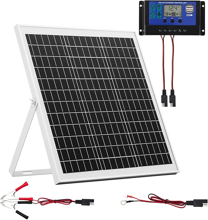 VEVOR 20W 12V Solar Panel Battery Charger, Solar Battery Trickle Charger Maintainer with Intelligent MPPT Controller & Adjustable Mount Bracket, IP67 Waterproof for Car Boat RV Motorcycle Trailer