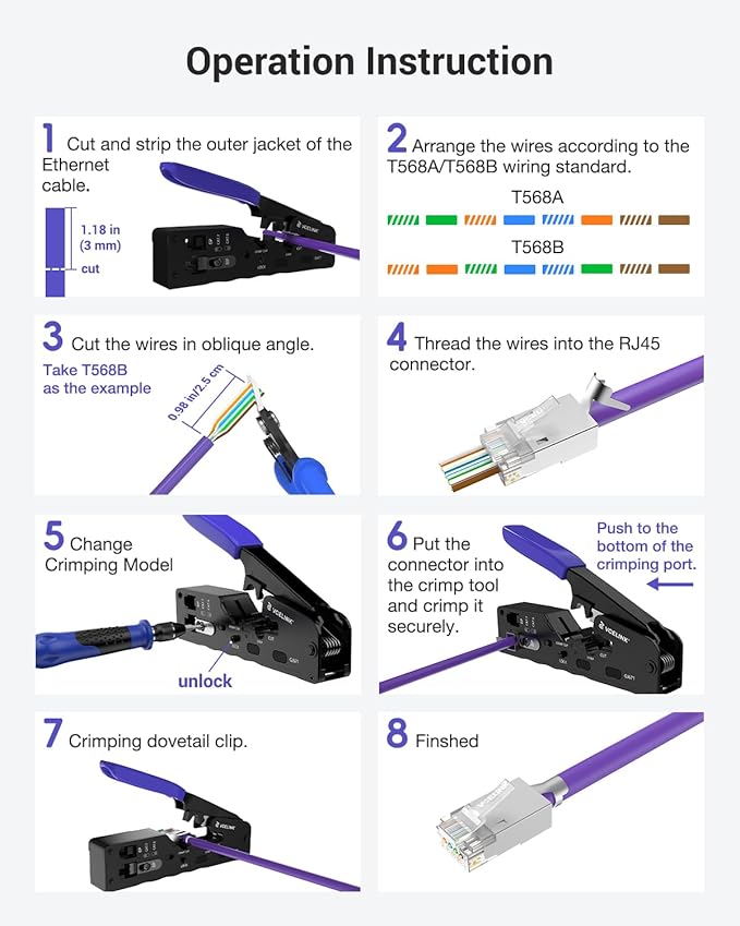 VCELINK RJ45 Crimp Tool Kit, Ethernet Wire Cutter Crimper, All-in-One Network Tool Kit Bag with Network Lan Cable Tester, 50PCS Cat6 Pass Through Connectors, 50PCS Boots, Mini Cable Stripper