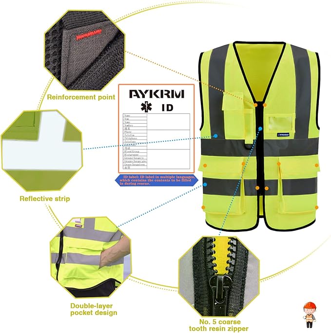 A-SAFETY 7pocket High Visibility Safety Vest Zipper, Construction Vest Reflective Strips ANSI/ISEA Standards for Motorcycle, Running,work, Bicycle Riding Outdoor Activities, Yellow