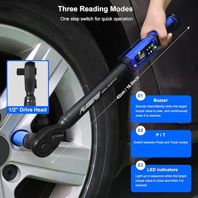 1/2" Digital Torque Wrench 1.5-99.56 Ft-lb (2-135 Nm), Electronic Inch Pound Torque Wrench with 3/8" Adapter, 5 Units ±1% Accuracy with Buzzer & LED Alerts for Car Bike Moto