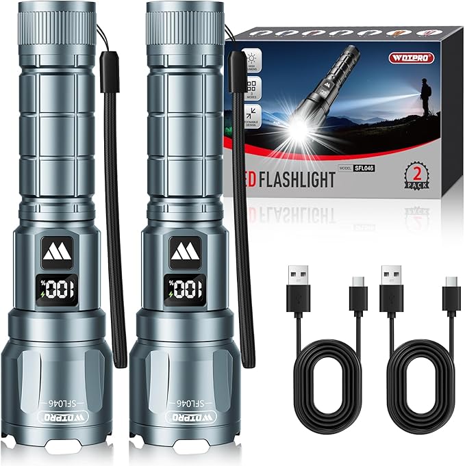 WdtPro LED Rechargeable Flashlight 2 Pack, Super Bright Zoomable 6000 Lumens Tactical Flashlight with LCD Digital Display, 3 Mode Waterproof Flash Light for Camping, Hunting & Home Emergency - Grey