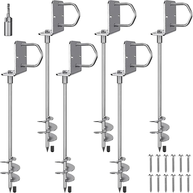 30" Heavy Duty Screw in Ground Anchors Kit, 3" Spiral Windproof Earth Anchors for Trampoline, Shed, Swing Set & Mobile Home, Fully Welded Steel with Nut Driver Drill Bit (Set of 6)