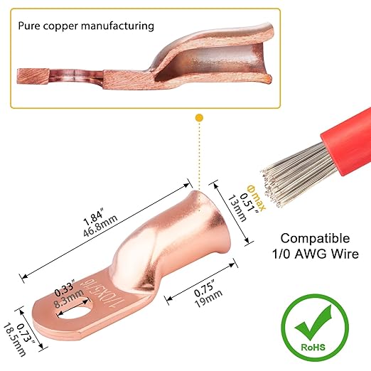 4pcs 1/0 Awg - 5/16" Sanuke Wire Lugs Ring Terminal Connectors Ends Heavy Duty for Battery Cable Lug Wire Electrical Eyelets with 3:1 Dual Wall Adhesive Heat Shrink