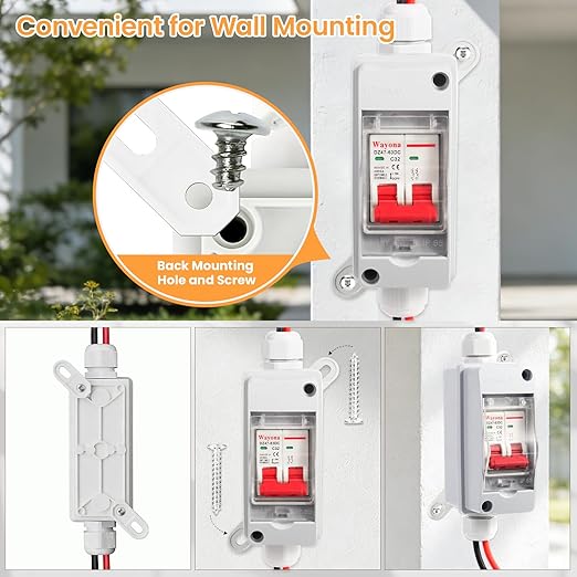 Wayona Solar Panel Disconnect Switch Back-Mounted DC 500V Circuit Breaker Box 32Amp IP65 Waterproof Miniature Circuit Breaker Solar PV Disconnect Switch Box Outdoor