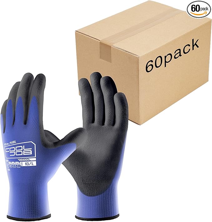 COOLJOB 60 Pairs Safety Work Gloves Pack Bulk with Grip PU Coating, 13 Gauge Seamless Knit Gloves with Polyurethane Dipped for Warehouse Working, Breathable Lightweight for Men Women, Blue Small