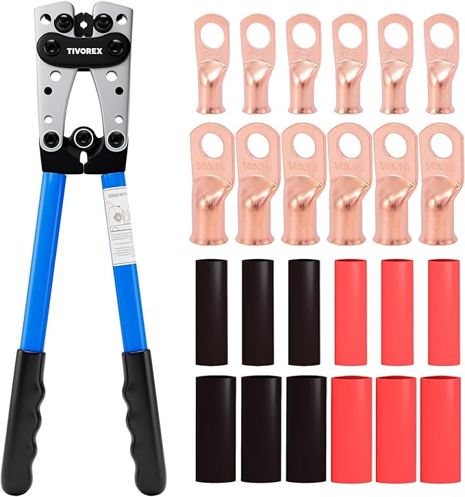 Battery Cable Lug Crimping Tool for AWG 8, 6, 4, 2, 1, 1/0 Gauge Electrical Lug, with 1/0 AWG-3/8” and 4 AWG-3/8” Copper Wire Lugs, 12PCS 3:1 Heat Shrink Tubing