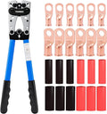 Battery Cable Lug Crimping Tool for AWG 8, 6, 4, 2, 1, 1/0 Gauge Electrical Lug, with 1/0 AWG-3/8” and 4 AWG-3/8” Copper Wire Lugs, 12PCS 3:1 Heat Shrink Tubing