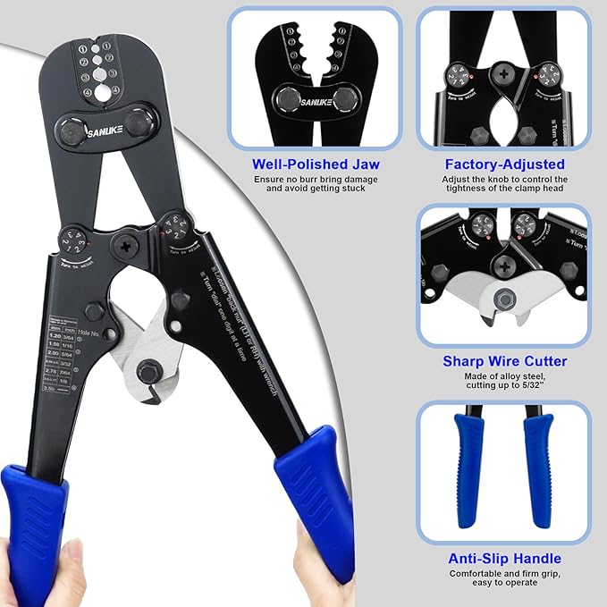 Sanuke Wire Rope Crimping Tool Kit, Professional Wire Rope Crimper and Cutter for Aluminum Oval Sleeves, Double Sleeves, Crimping Loop Sleeves from 3/64-inch to 1/8-inch