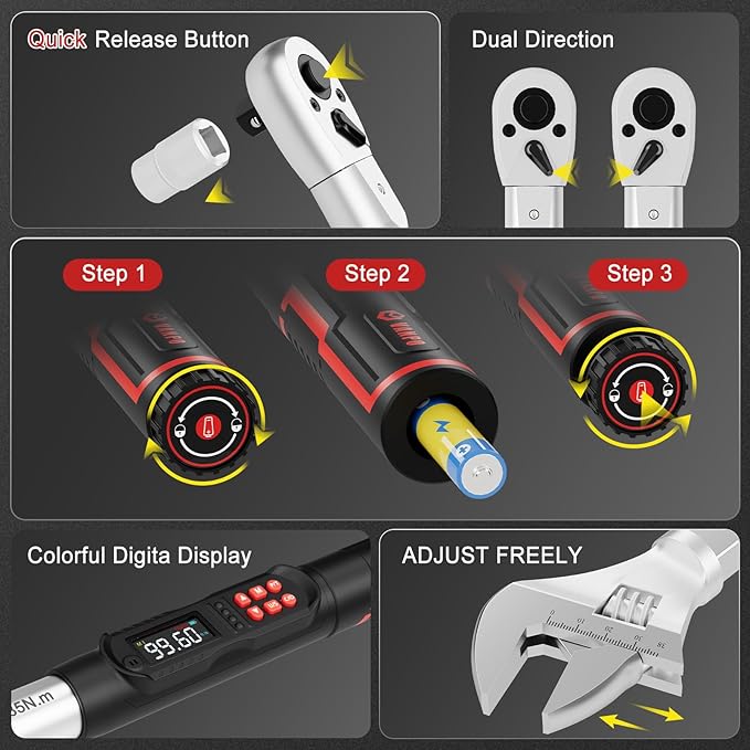 VANPO Adjustable Digital Torque Wrench, 5-99.6Ft.lb/6.8-135Nm, ±2% Accuracy, HVAC Torque Wrench with Interchangeable 38mm Jaw & 1/2" Ratchet, Buzzer, Vibration and LED Alert for Split AC, Moto, Car