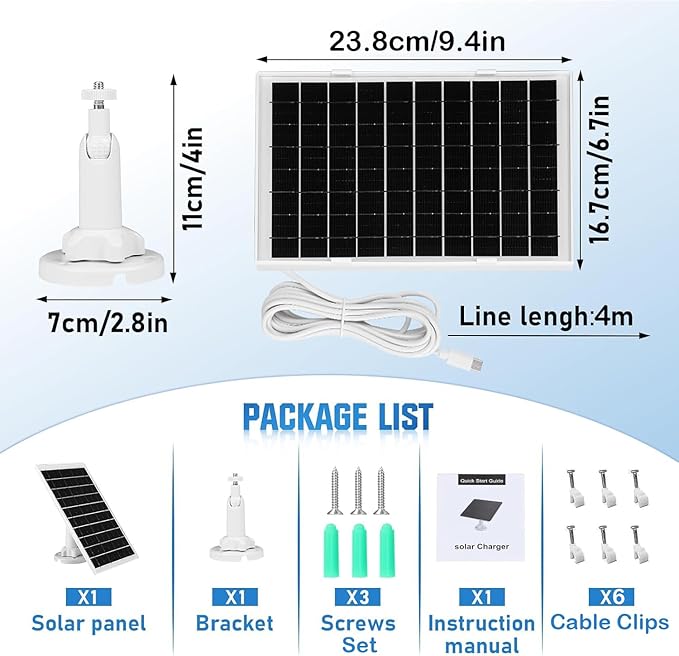 8W Solar Panel Charger for Outdoor Security Cameras, with Micro USB/USB-C and DC (35 x 135) Port, Fits Ring/Eufy/Wyze/Bird Feeder Camera, 13ft Cable, Fast Charging (1 Pack)