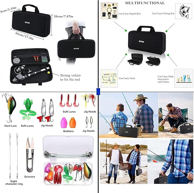 Portable Fishing Spinning Rod and Reel Combo Set Carbon Fiber Fluorescent Rod Tip, with Fishing Lures Line Carrier Bag Kits for Travel Surf Saltwater Freshwater
