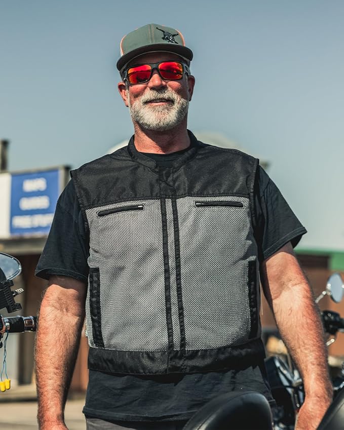 First Mfg Co Lowrider Mens Motorcycle Biker Riding Armor Club Style Black Leather, Twill, Moto Mesh, Perforated Vest