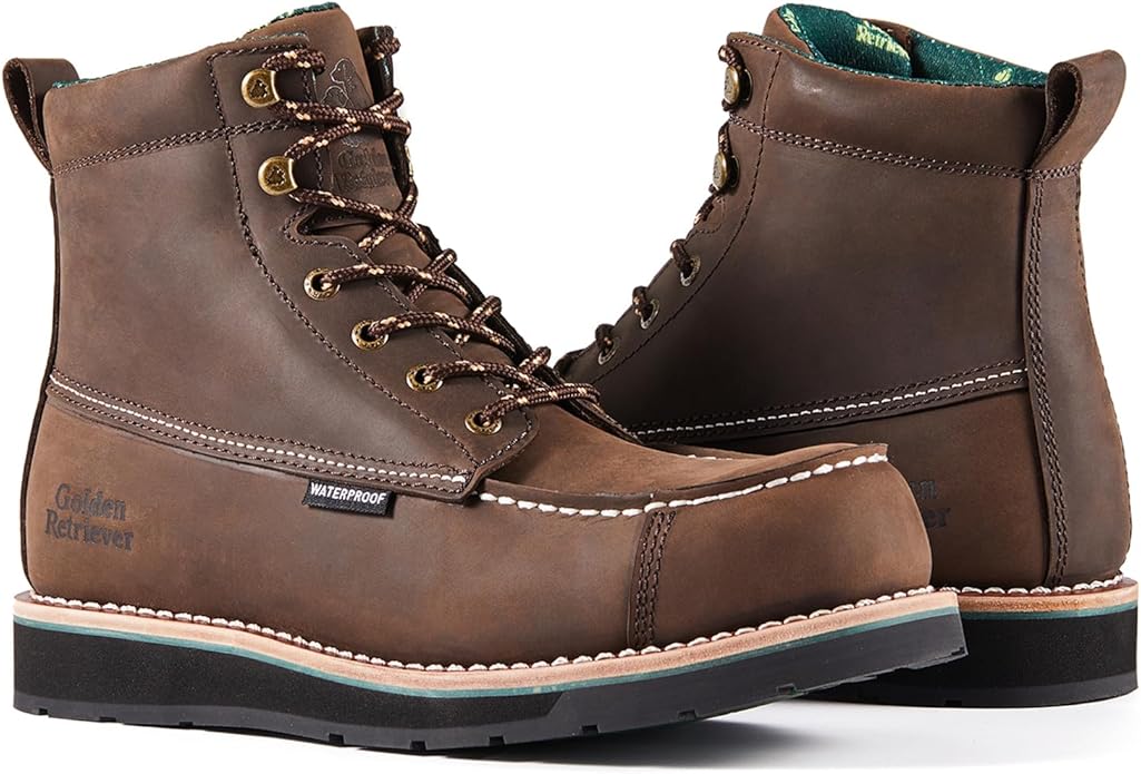 Golden Retriever 6''Composite/Soft Toe Work Boots For Men,Waterproof Wedge Moc Toe, Oil/Slip Resistant, Leather Welt, Industrial Construction Durty work Boots,EH G6155-G6255-G6355