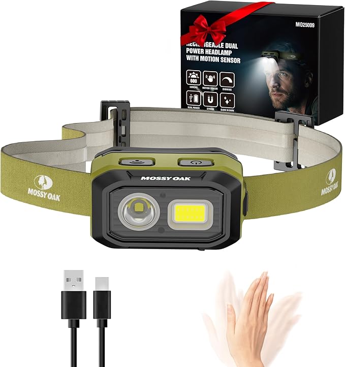 Mossy Oak 600 Lumens LED Headlamp, Dual Power Source, Motion Sensor Head Lamp with Magnetic Base, Stepless Dimming, Memory Mode for Camping, Running, Hiking, Valentine's Day