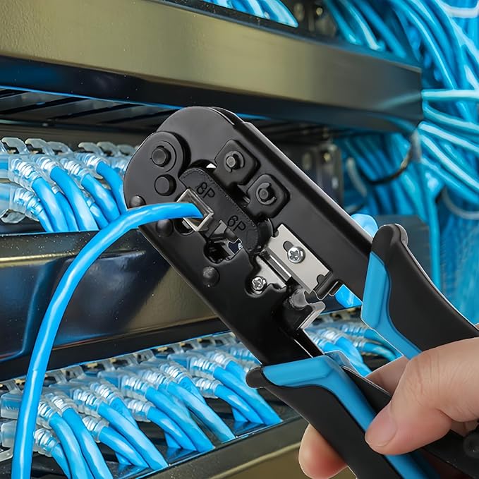 RJ45 Crimp Tool for Cat5 Cat5e Cat6, RJ-11, 6P/RJ-12, 8P/RJ-45 Crimp, Cut and Strip RJ45 Crimping Tool, Portable Ethernet Crimper Networking Tools(Non-Pass Through Type)