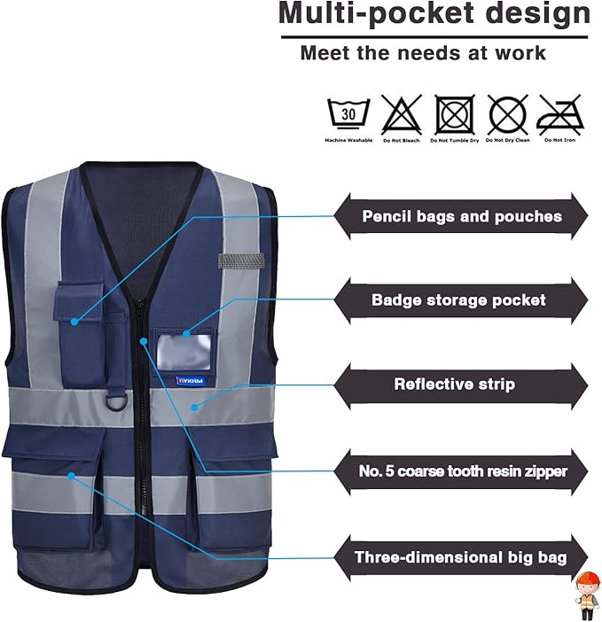 Reflective Security Safety Vests Heavy Duty with 7 Pockets and Front Zipper