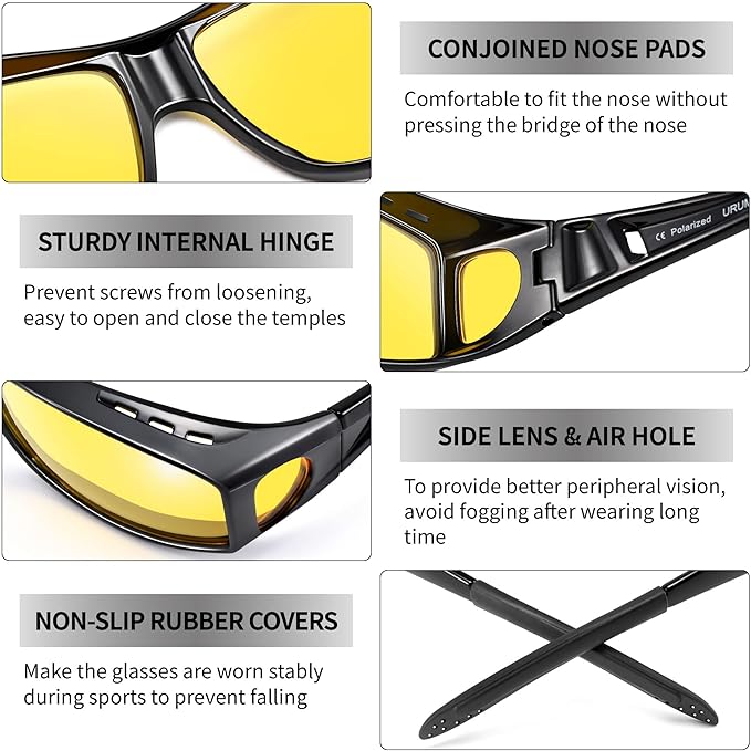 URUMQI Night Vision Driving Glasses Fit Over Eyeglasses for Men Women, Anti Glare Polarized Nighttime Glasses Yellow Lens