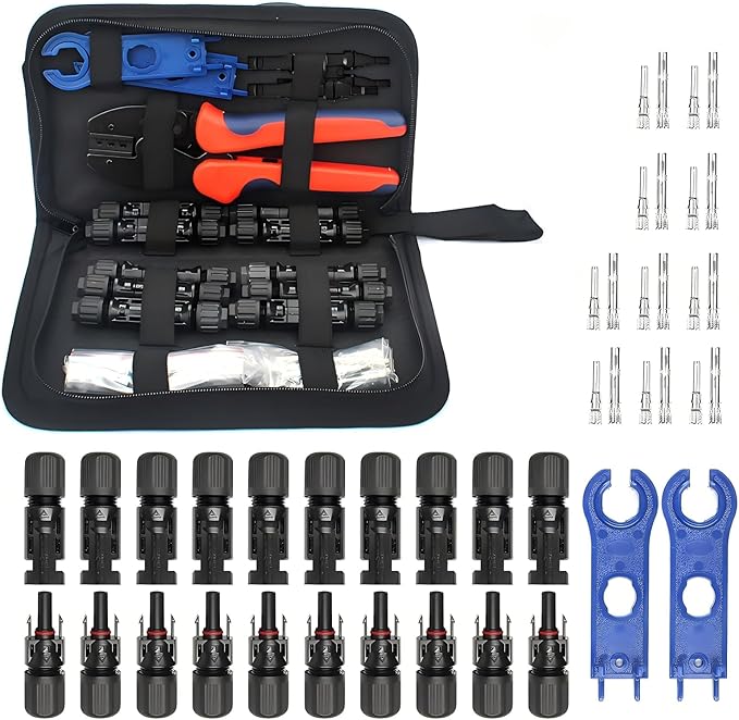 Solar Crimping Tool Kit for Panel Connectors - a Crimper, 10 Pairs of Solar Wire Connectors, 2 Pairs of Spanner Wrench for Solar Cable